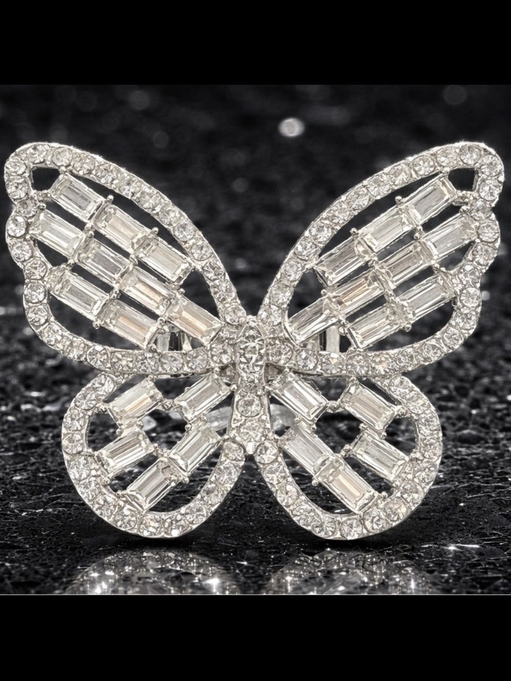 Huge butterfly round emerald cut baguette CZ cocktail statement ring silver New
